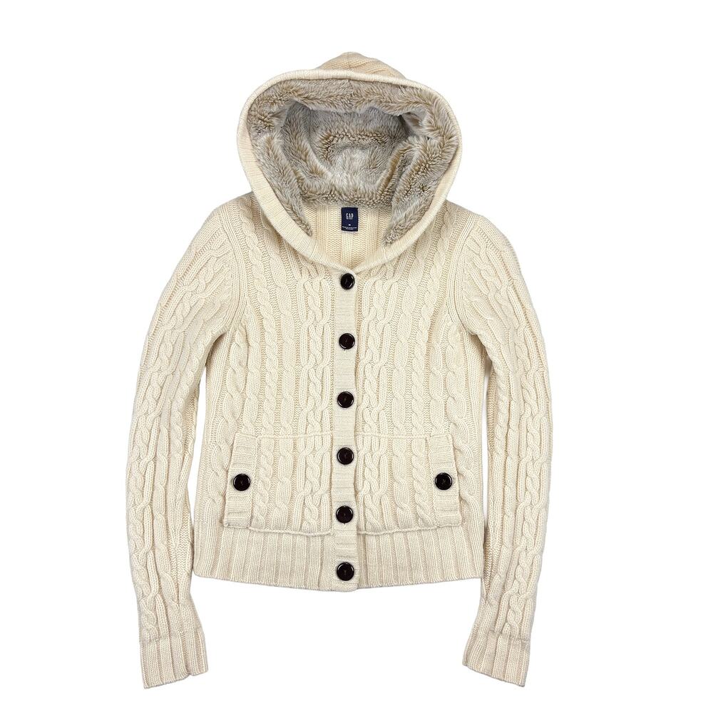 VTG Gap Lambswool Cable Knit Cardigan Sweater Women M Cream Y2K Hooded Faux Fur